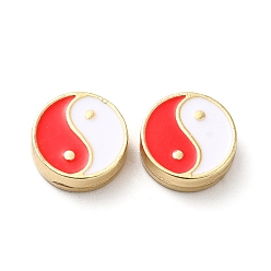 Rouge Perles d'émail d'alliage de placage de support, plat rond avec motif yin yang, or, rouge, 11x4mm, Trou: 1.6mm