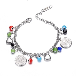 Stainless Steel Color 304 Stainless Steel Charm Bracelets, with Evil Eye Beads and Lobster Claw Clasps, Flat Round with San Benito, Stainless Steel Color, 177mm(7 inch)