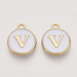 Letter V Golden Plated Alloy Charms, with Enamel, Enamelled Sequins, Flat Round, White, Letter.V, 14x12x2mm, Hole: 1.5mm, 50pcs/Box