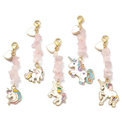 Rose Quartz Alloy Enamel Unicorn & Heart Pendant Decorations, Natural Rose Quartz Chips and 304 Stainless Steel Lobster Claw Clasps Charms, 65~75mm