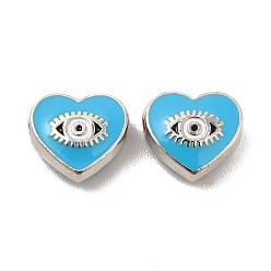 Light Sky Blue Alloy Enamel Beads, Heart with Horse Eye, Platinum, Light Sky Blue, 9x10x4mm, Hole: 1.6mm