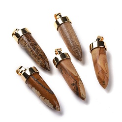 Jaspe Image Image naturelle jasper pointu pendentifs, charmes de cône, avec les accessoires en fer et en alliage de ton doré, 42.5~46x14~15mm, Trou: 8x6mm
