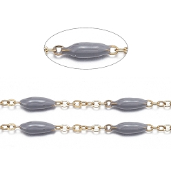 Gray Handmade Enamel Beaded Chains, with Stainless Steel Curb Chains and Spool, Soldered, Long-Lasting Plated, Golden, Gray, 1.5x1x0.1mm, about 32.8 Feet(10m)/roll