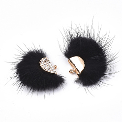 Black Faux Mink Fur Tassel Pendant Decorations, with Rhinestone and Alloy Findings, Fan, Golden, Black, 24~28x29~34x8mm, Hole: 1.5mm