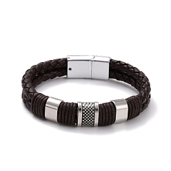 Coffee Retro Leather Braided Cord Bracelet for Men, Rectangle Alloy Beads Bracelet with Magnetic Clasps, Antique Silver, Coffee, 8-1/2 inch(21.5cm)