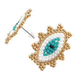 Turquoise Glass Seed Beaded Stud Earrings, Eye, Turquoise, 20x35mm