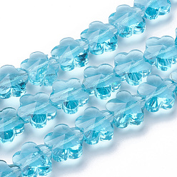 Azul Cielo Perlas de vidrio transparentes, facetados, flor del ciruelo, luz azul cielo, 10x10x7 mm, agujero: 1 mm