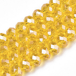 Verge D'or Perles en verre electroplate, perle plaquée lustre, facette, rondelle, verge d'or, 3.5x3mm, Trou: 0.4mm, Environ 123~127 pcs/chapelet, 13.7~14.1 pouce (35~36 cm)