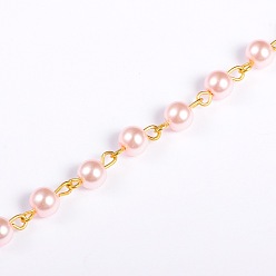 Pink Handmade Round Glass Pearl Beads Chains for Necklaces Bracelets Making, with Golden Iron Eye Pin, Unwelded, Pink, 39.3 inch, Bead: 6mm