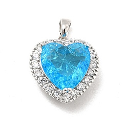 Deep Sky Blue Brass Micro Pave Clear Cubic Zirconia Pendants, with Faceted Glass, Heart Charm, Real Platinum Plated, Deep Sky Blue, 18.5x17x9.5mm, Hole: 5x3mm