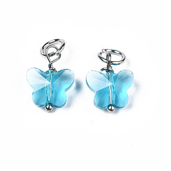 Dark Turquoise Faceted Transparent Glass Charms, with Iron Jump Ring, Butterfly, Dark Turquoise, 13~14x9.8x6mm, Hole: 4mm