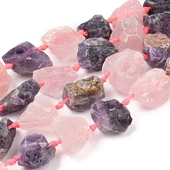 Rose Quartz Rough Raw Natural Amethyst and Rose Quartz Beads Strands, Nuggets, 15~27x16~29mm, Hole: 1.5mm, about 14~16pcs/strand, 15.55''~16.34''(39.5~41.5cm)