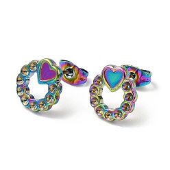 Rainbow Color Ion Plating(IP) 304 Stainless Steel Stud Earring Findings, Earring Settings for Rhinestone, Ring with Heart, Rainbow Color, 11x10mm, Pin: 0.7mm, Fit for Rhinestone: 1.5mm