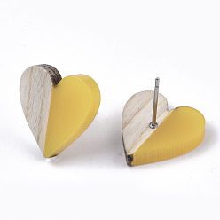 Oro Pendientes de resina y madera, con 304 perno de acero inoxidable, corazón, oro, 15x14~15 mm, pin: 0.7 mm
