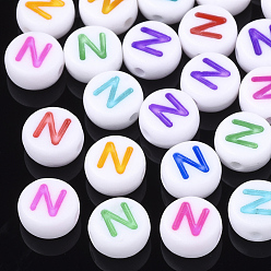 Letter N Initial Acrylic Beads, Horizontal Hole, Flat Round, Mixed Color, Letter.N, 7x3.5~4mm, Hole: 1.2mm, about 3700pcs/500g