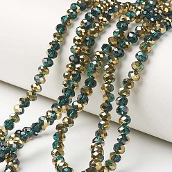 Dark Green Electroplate Transparent Glass Beads Strands, Half Golden Plated, Faceted, Rondelle, Dark Green, 6x5mm, Hole: 1mm, about 85~88pcs/strand, 16.1~16.5 inch(41~42cm)