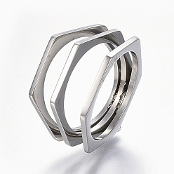 Stainless Steel Color 304 Stainless Steel Wide Band Finger Rings, Hexagon, Size 6~9, Stainless Steel Color, 16~19mm