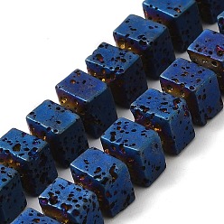 Blue Plated Electroplated Natural Lava Rock Beads Strands, Rectangle, Blue Plated, 6x6.5x6.5mm, Hole: 1mm, about 68pcs/strand, 16.54''~16.93''(42~43cm)