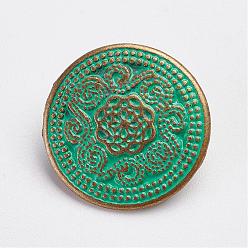 Античный Бронзовый Зеленый Тибетский стиль кнопки сплава хвостовиком, плоско-круглые, античная бронза и зеленая патина, 20x6 мм, отверстие : 3 мм