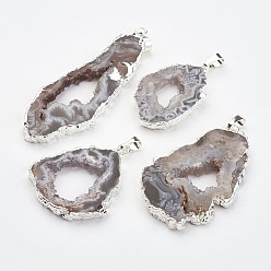 Серебро Натуральный Geode Агат подвески, с латунной фурнитурой , самородки, серебряный цвет гальваническим, 38~65x18~40x5~6 мм, отверстие : 5x7 мм