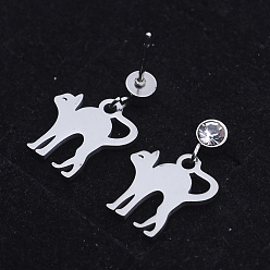 Stainless Steel Color 201 Stainless Steel Kitten Dangle Stud Earrings, with Clear Cubic Zirconia, Stretching Cat, Stainless Steel Color, 18mm, Pin: 0.8mm