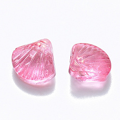 Rose Chaud Perles de verre peintes par pulvérisation transparent, perles percées, avec de la poudre de paillettes, forme de pétoncle, rose chaud, 10x10.5x6mm, Trou: 1mm