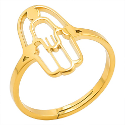 Oro Anillo ajustable de mano hamsa hueco de acero inoxidable para mujer, dorado, diámetro interior: 17 mm