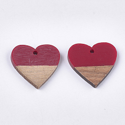 Brown Resin & Walnut Wood Pendants, Heart, Brown, 24x25x3.5~4mm, Hole: 2mm