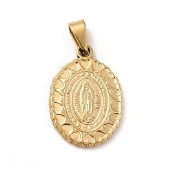 Golden Vacuum Plating 201 Stainless Steel Pendants, Oval with Virgin Mary, Golden, 23x16x2mm, Hole: 3.5mm