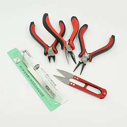 Red DIY Jewelry Tool Sets, Pliers, Hand Scissored and Tweezers, Platinum, Red, 105~130x11~65mm