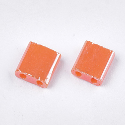 Coral 2-Hole Opaque Glass Seed Beads, Lustered, Rectangle, Coral, 5x4.5~5.5x2~2.5mm, Hole: 0.5~0.8mm