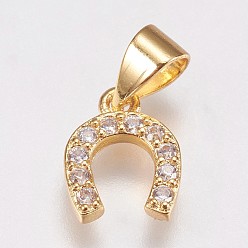 Golden Brass Micro Pave Cubic Zirconia Charms, Horseshoe, Golden, 10x8x2mm, Hole: 3.5x4.5mm