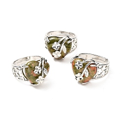 Unakite Natural Unakite Adjustable Rings, Platinum Tone Heart with Flower Brass Rings for Women, Cadmium Free & Lead Free, US Size 6 3/4(17.1mm), 4.5~9mm