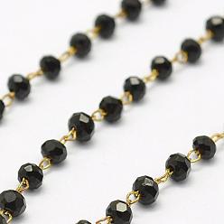 Black Handmade Glass Beaded Chains, Soldered, with Spool, with Raw(Unplated) Brass Findings, Nickel Free, Faceted, Rondelle, Black, 2.5~3mm, about 32.8 Feet(10m)/roll