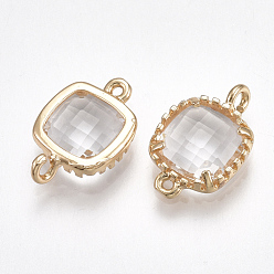 Clear Glass Links connectors, with Brass Findings, Faceted, Square, Golden, Clear, 14.5x9.5x3.5mm, Hole: 0.8~1.2mm