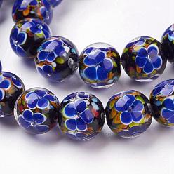 Medium Blue Handmade Inner Flower Lampwork Beads Strands, Round, Medium Blue, 12mm, Hole: 2mm, 30pcs/strand, 12.3 inch