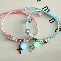 Cross 2Pcs 2 Color Luminous Beads & Alloy Enamel Charms Bracelets Set, Glow In The Dark Magnetic Charms Couple Bracleets for Best Friends Lovers, Cross Pattern, 5-7/8~11-3/4 inch(15~30cm), 1Pc/color