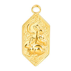 Golden 201 Stainless Steel Pendants, Hexagon with Moon & Rabbit Charms, Golden, 28x12x2.5mm, Hole: 3mm