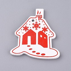 White Platane Wood Pendants, House with Snowflake, for Christmas, Dyed, White, 50x46x2.5mm, Hole: 2.5mm