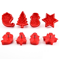 Красный Пластиковые формочки для печенья на новогоднюю тематику, с железной ручкой пресса, елка и снежинка и снеговик и дед мороз, красные, 58~70x40 мм, 4 шт / комплект