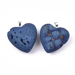 Steel Blue Electroplate Natural Druzy Geode Agate Pendants, with Brass Findings, Heart, Platinum, Steel Blue, 30.5x30x14~15mm, Hole: 4.5x4mm