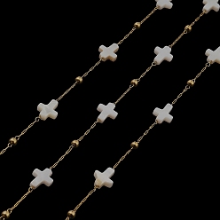 Golden Cross Natural Shell Link Chains, with 304 Stainless Steel Satellite Chains, Soldered, with Spool, Golden, Cross 10x7.5x3mm, about 32.81 Feet(10m)/Roll