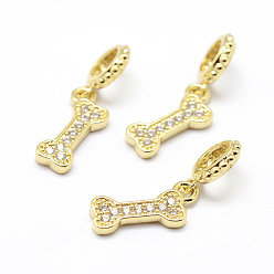 Real 18K Gold Plated Brass Micro Pave Grade AAA Cubic Zirconia European Dangle Charms, Large Hole Pendants, Bone, Lead Free & Nickel Free & Cadmium Free, Real 18K Gold Plated, 13.5x6x1.5mm, Hole: 4mm