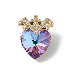 Colorful Real 18K Gold Plated Rack Plating Brass Micro Pave Clear Cubic Zirconia Pendants, with Glass, Long-Lasting Plated, Cadmium Free & Lead Free, Bat with Heart Charm, Colorful, 18x14x9.5mm, Hole: 5x3mm