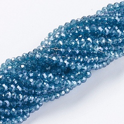 Light Blue Electroplate Glass Beads Strands, Pearl Luster Plated, Faceted, Rondelle, Light Blue, 3x2mm, Hole: 0.8~1mm, about 185~190pcs/strand, 15.5~16 inch(39.3~40.6cm)