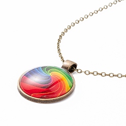 Others Rainbow Pride Necklace, Flat Round with Pattern Pendant Necklace for Men Women, Antique Bronze, Vortex Pattern, 20.08 inch(51cm) 
