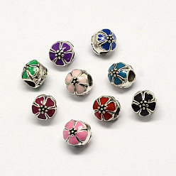 Mixed Color Alloy Enamel Flower Large Hole Style European Beads, Antique Silver, Mixed Color, 10x11mm, Hole: 4mm