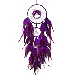 Purple Iron & Glass Chips Pendant Hanging Decoration, Woven Net/Web with Feather Wall Hanging Wall Decor, Purple, 730mm