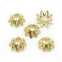 Golden Plated Iron Bead Caps, Flower, 8-Petal, Filigree, Golden, 10x4mm, Hole: 1.5mm