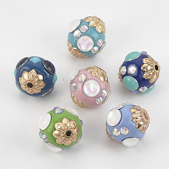 Couleur Mélangete Perles Indonésiennes manuelles, avec les accessoires en alliage et résines, ronde, or, couleur mixte, 15~16x14~15x14~15mm, Trou: 1.5mm